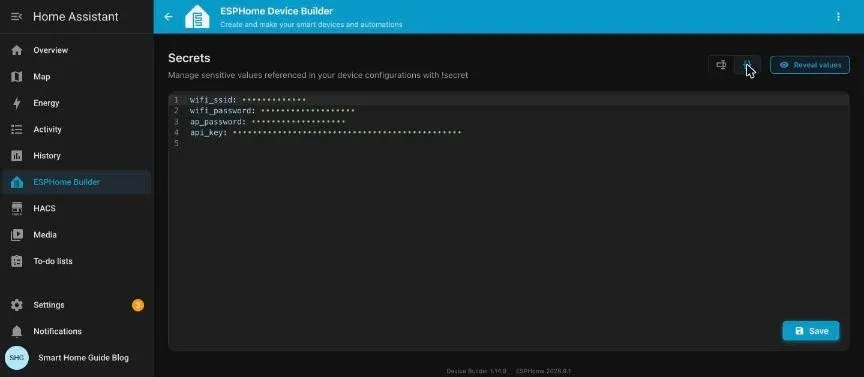 Secrets editor in YAML view with four masked entries for Wi-Fi, fallback hotspot and API key