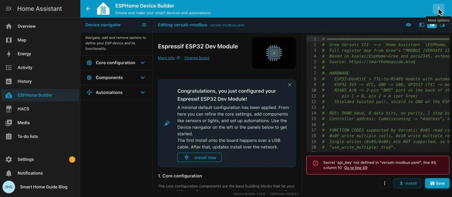 Device Builder editor with the pasted configuration and a red banner: Secret api_key not defined
