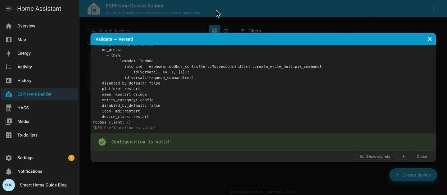Validate dialog ending in Configuration is valid after pasting the full Versati configuration