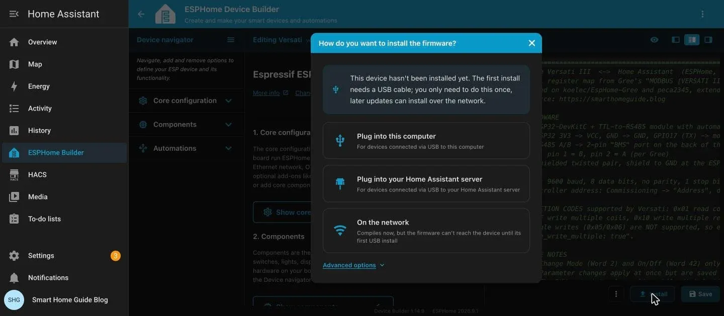 How do you want to install the firmware dialog: plug into this computer, plug into your Home Assistant server, on the network