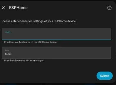 ESPHome connection dialog asking for the device host and port 6053