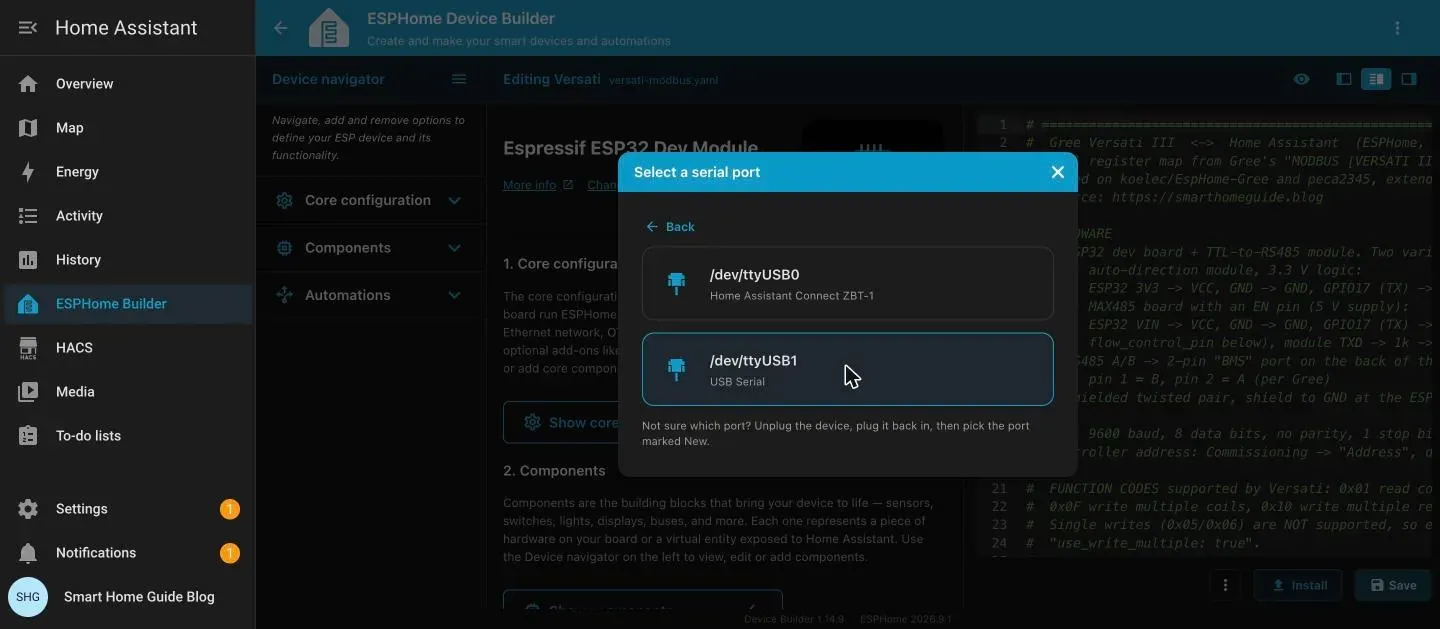 Select a serial port dialog listing the Home Assistant Connect ZBT-1 on ttyUSB0 and a USB Serial device on ttyUSB1