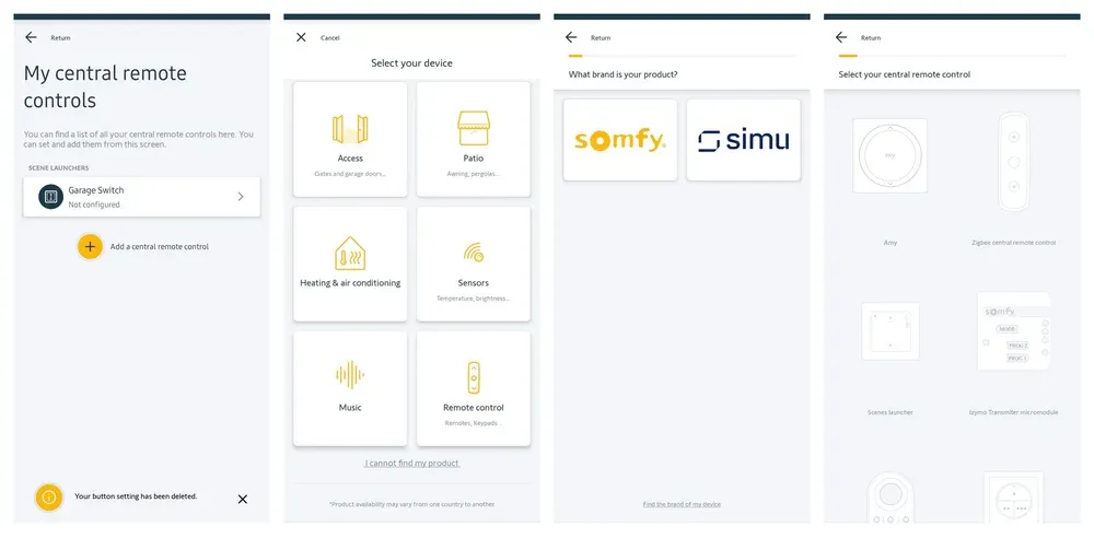 TaHoma app screens leading to the Izymo transmitter micromodule in the central remote control grid