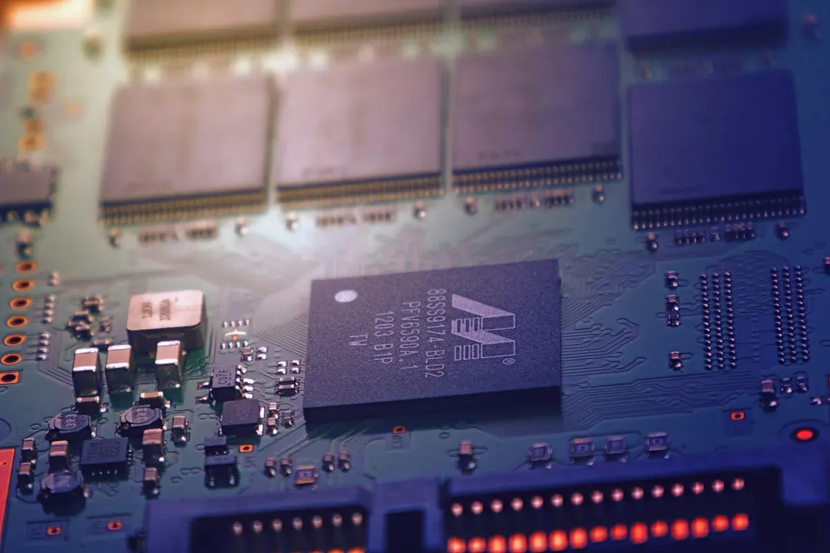 A black and grey computer motherboard