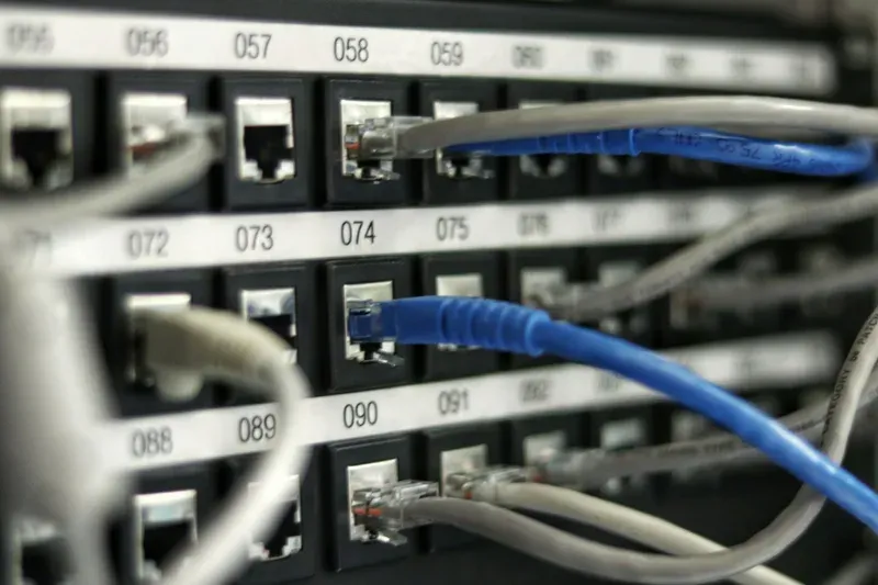 Coiled blue Ethernet patch cable on a network panel, the kind of run a wired camera would use
