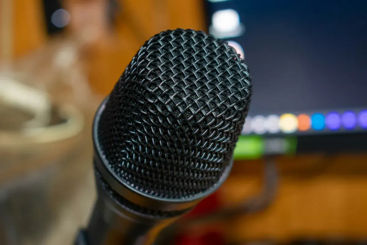 A microphone set down on a table
