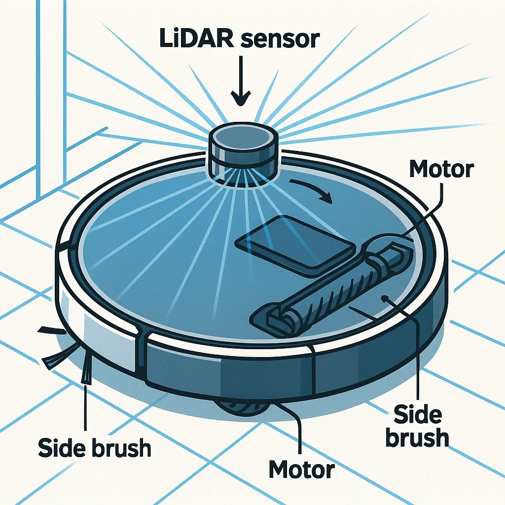 Robot vacuum LiDAR sensor spinning laser building a 360-degree room map