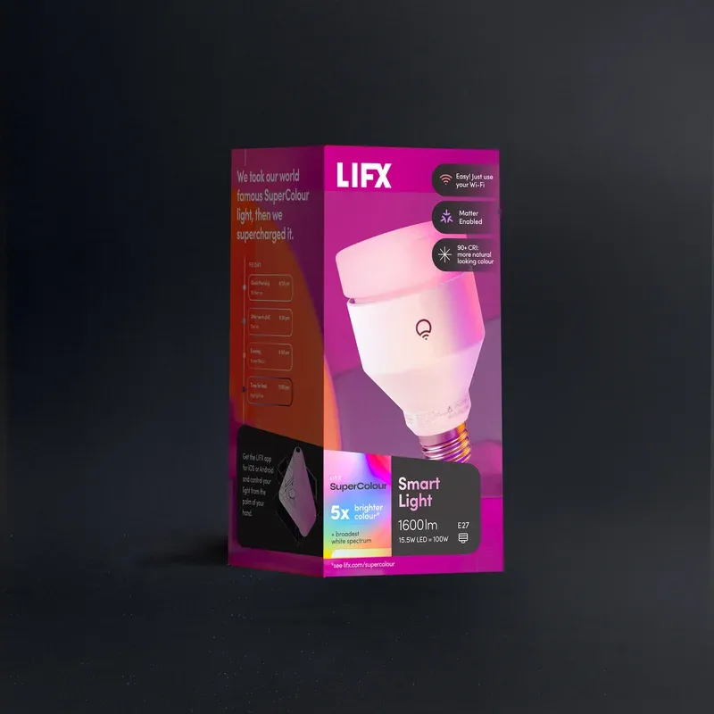 LIFX SuperColor E26 bulb and box packaging showing single pack with QR Matter code label