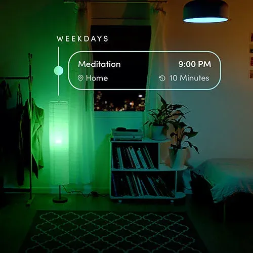 LIFX SuperColor app schedule lifestyle scene showing evening meditation lighting setup in living room