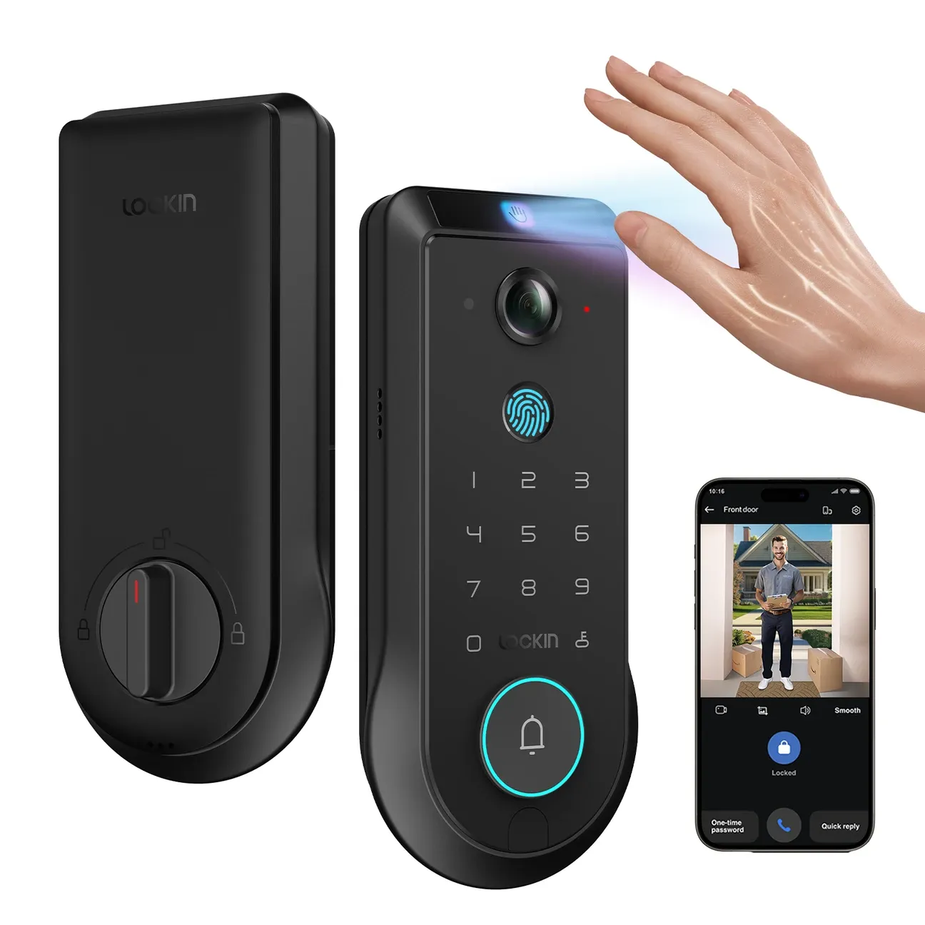 Lockin Veno Pro smart lock showing palm vein sensor, camera lens, fingerprint reader, and app control