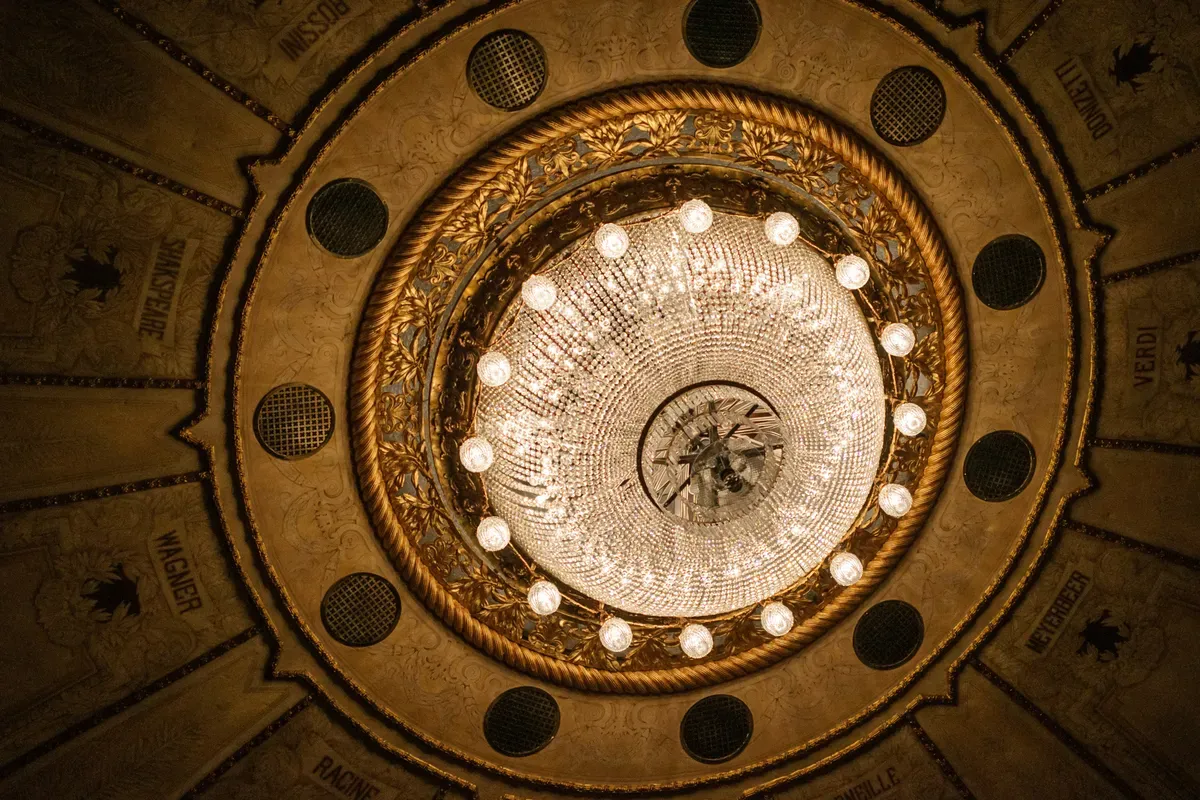 A chandelier hanging from the ceiling of a large building