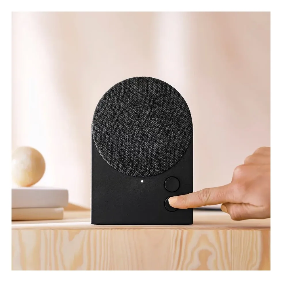 Close-up of IKEA NATTBAD Bluetooth Speaker black model