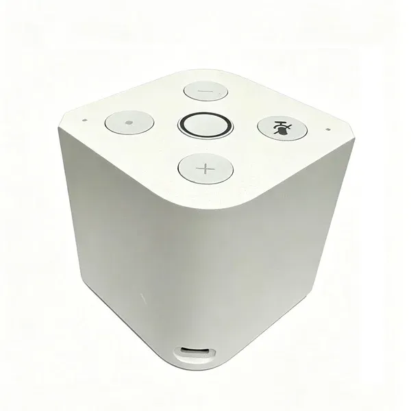 Pine64 PineVoice from a low angle showing the smooth lower housing and the USB-C power port at the base