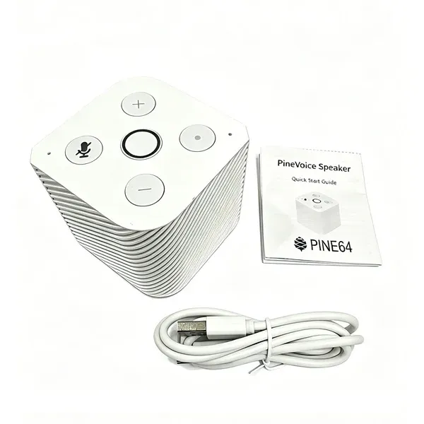 Pine64 PineVoice package contents: white ribbed cube speaker, quick start guide, and USB-A to USB-C cable