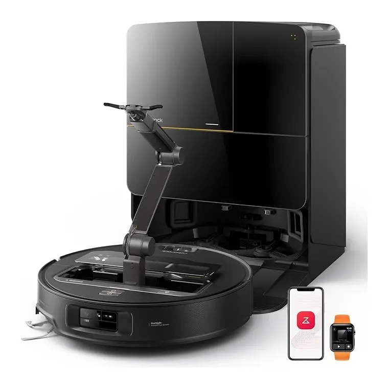 Roborock Saros Z70 robotic vacuum with OmniGrip arm displayed with docking station