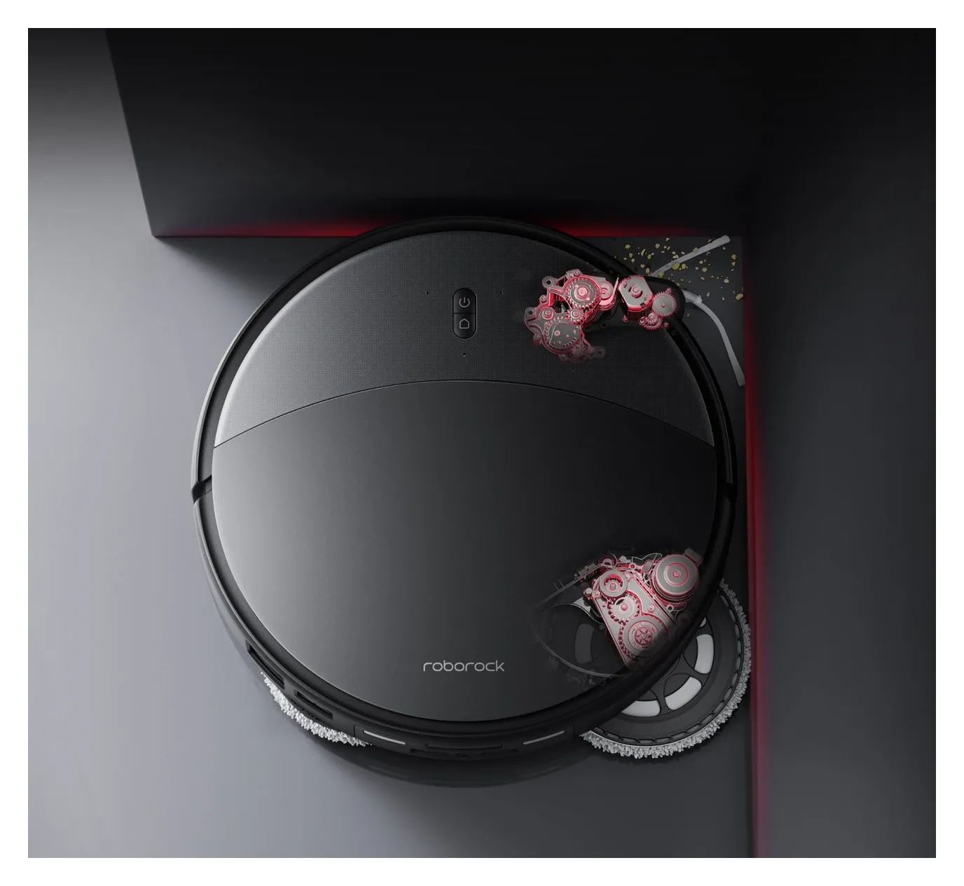 Roborock Saros 20 FlexiArm side brush reaching edges along furniture