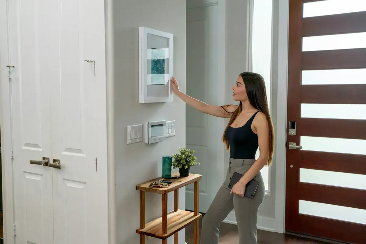 Wall-mounted light switch beside a framed whiteboard in a white living room