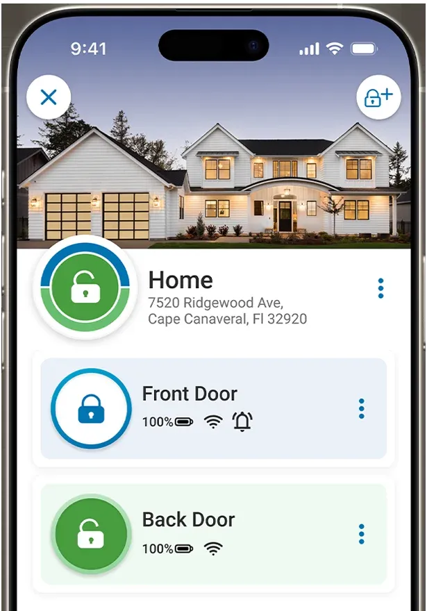Schlage Home app showing lock status, access codes, and activity log