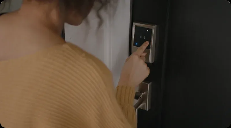 Schlage Encode Plus keypad detail showing touchscreen and deadbolt mechanism