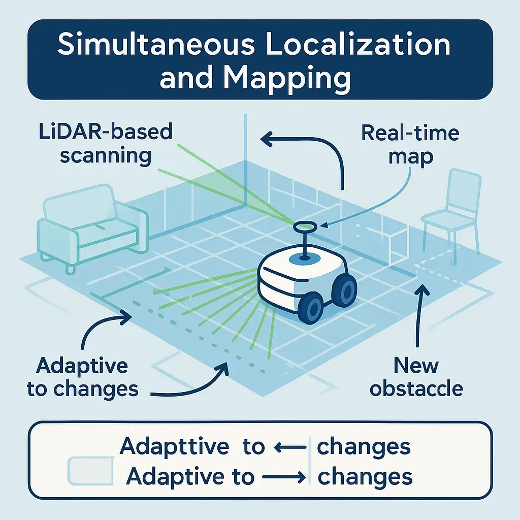 SLAM simultaneous localization and mapping diagram showing robot vacuum building a real-time floor plan