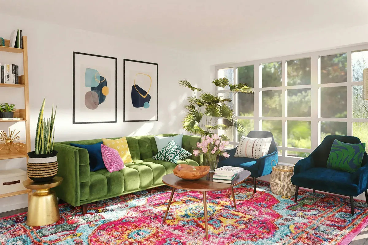 A green sofa chair beside a brown wooden table