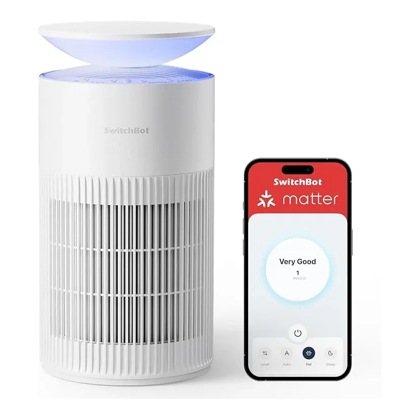 SwitchBot SmartVoice Air Purifier front view showing compact tower design