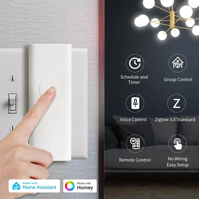 ThirdReality Smart Switch 2026 installed over a rocker wall switch in a living room setting