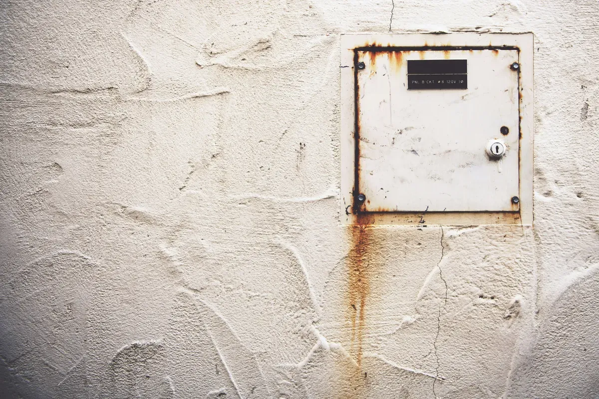 A white metal lock box mounted on an exterior wall