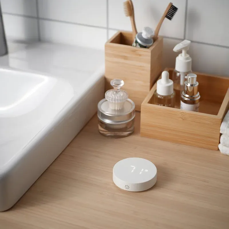 IKEA TIMMERFLOTTE sensor on a wooden bathroom countertop next to a sink and toiletries