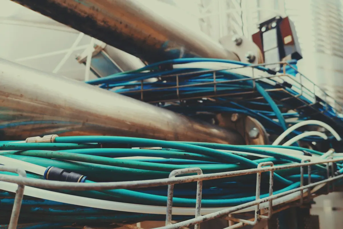 Blue and white wires bundled and run side by side