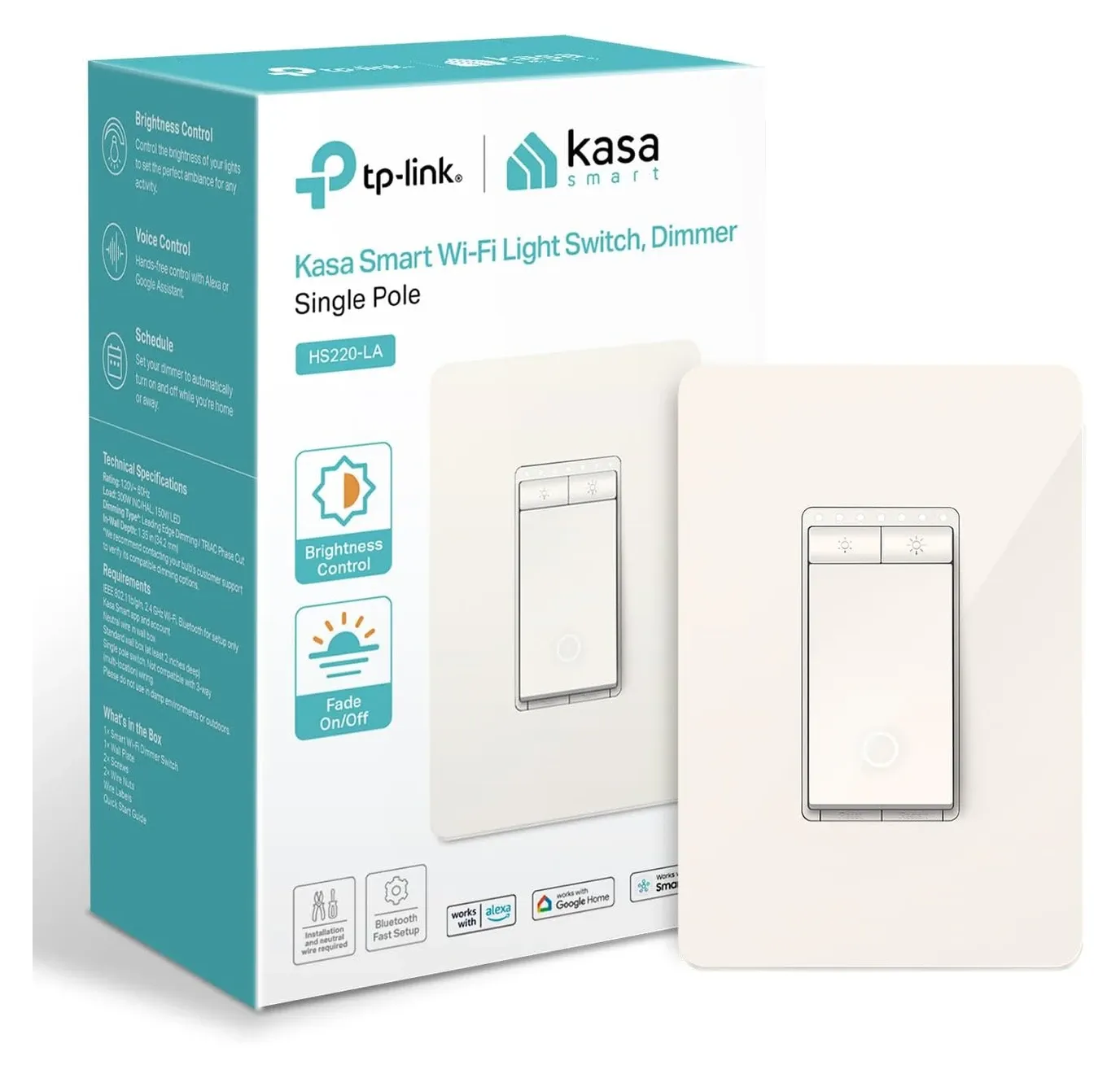 TP-Link Smart Dimmer Switch package contents showing switch and included accessories