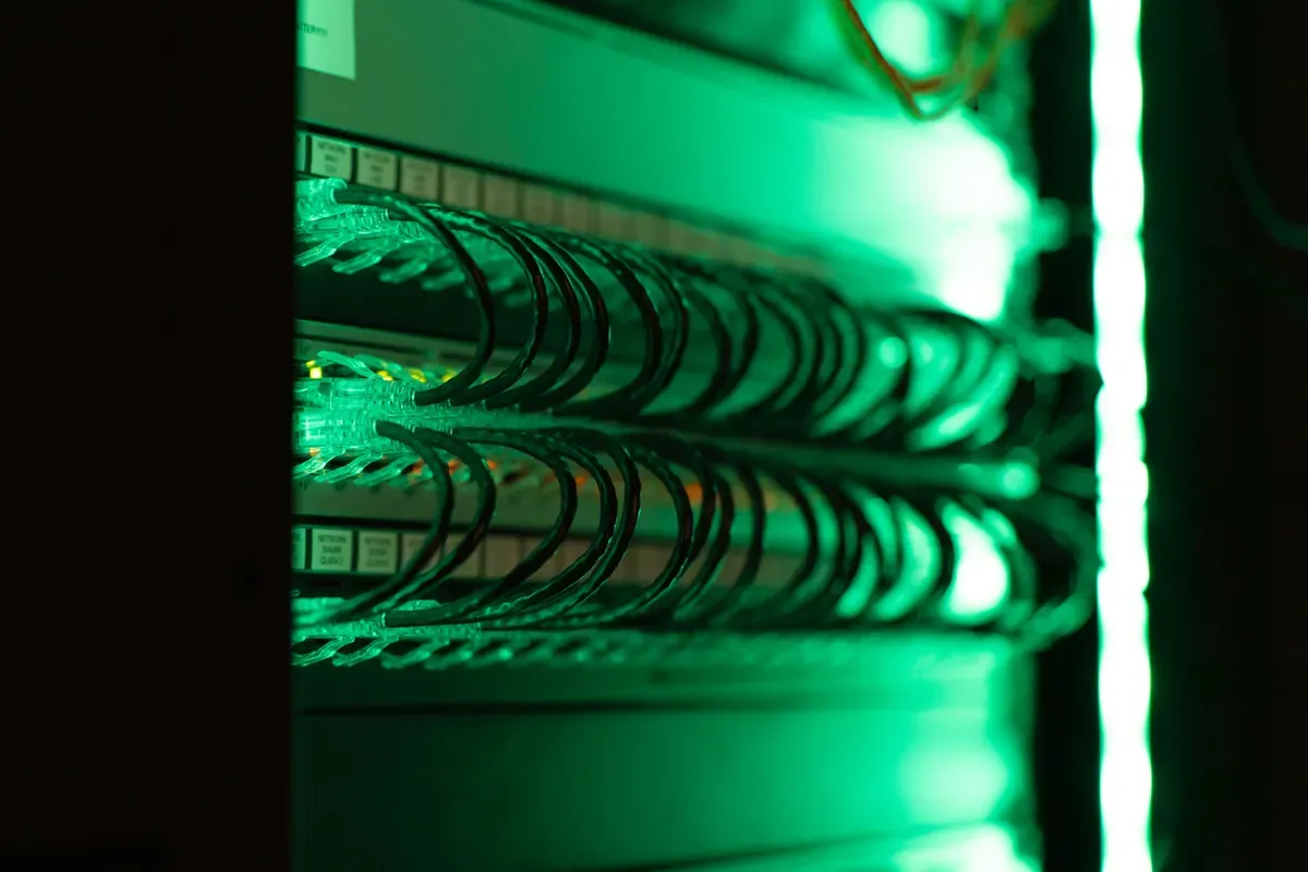 A close-up of a server running in a rack