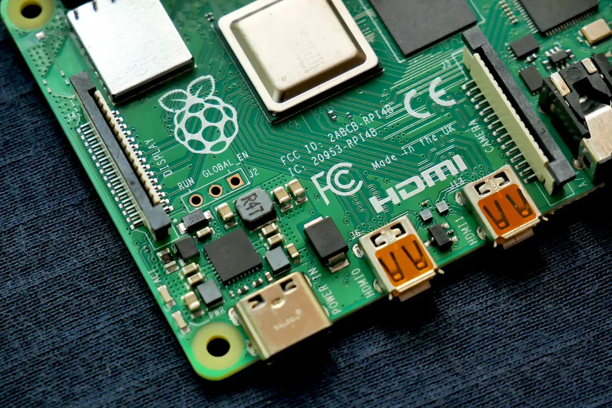 A circuit board with its ports and header pins in view