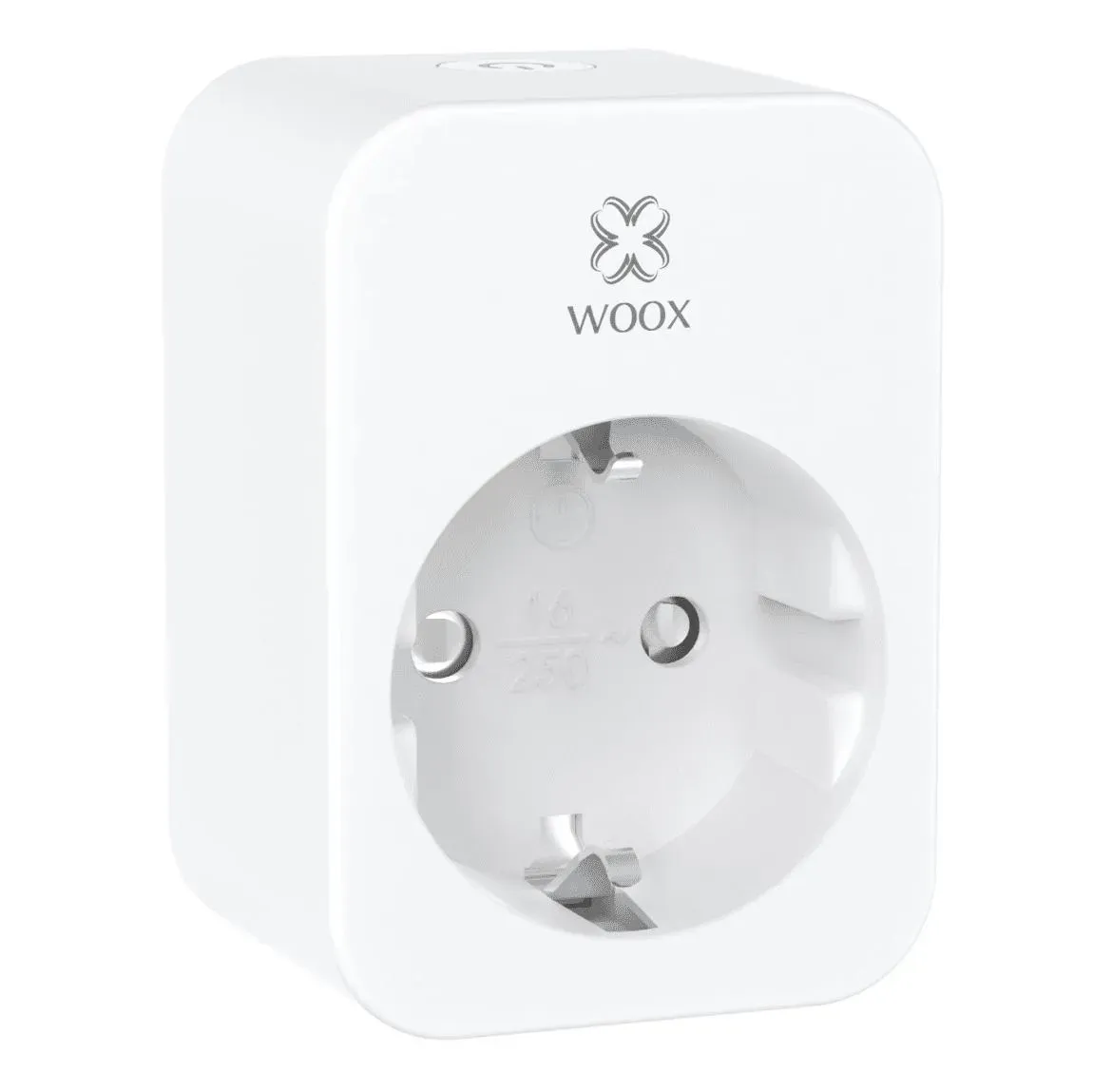Woox Smart Plug R6118 front view showing schuko socket and white finish