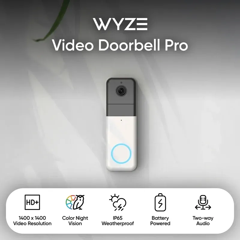 Wyze Battery Doorbell mounted on white door frame showing installation angle