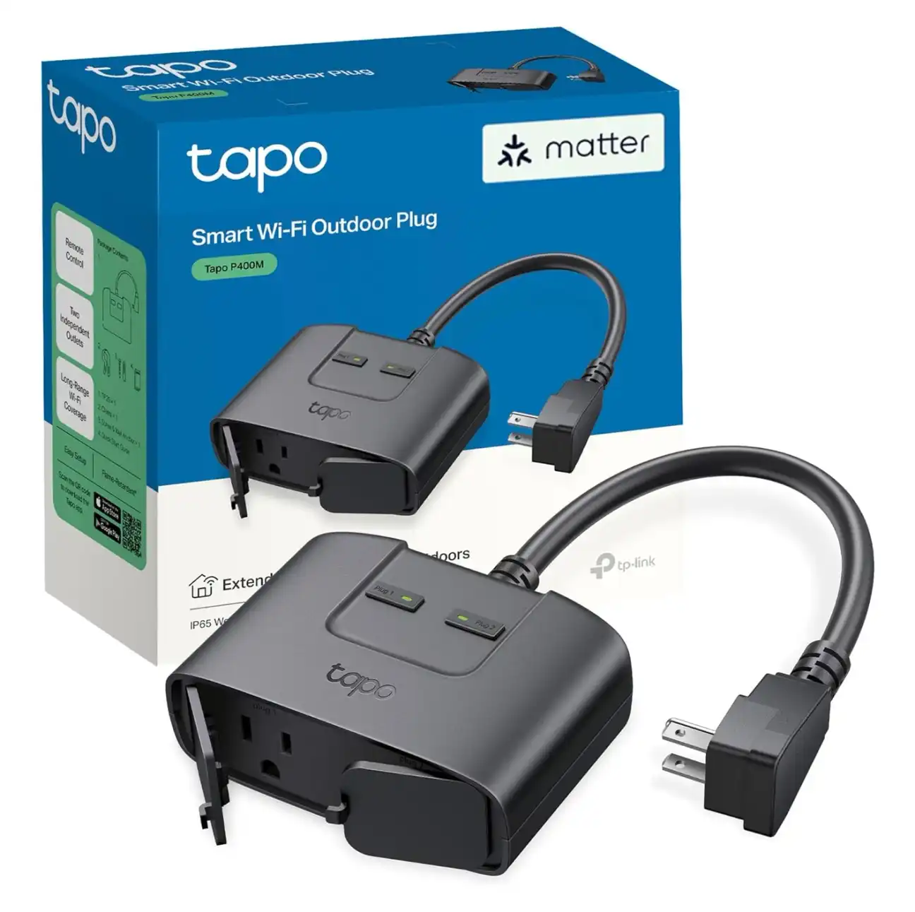 Tapo P400M Smart Outdoor Plug featured view showing weather-resistant design