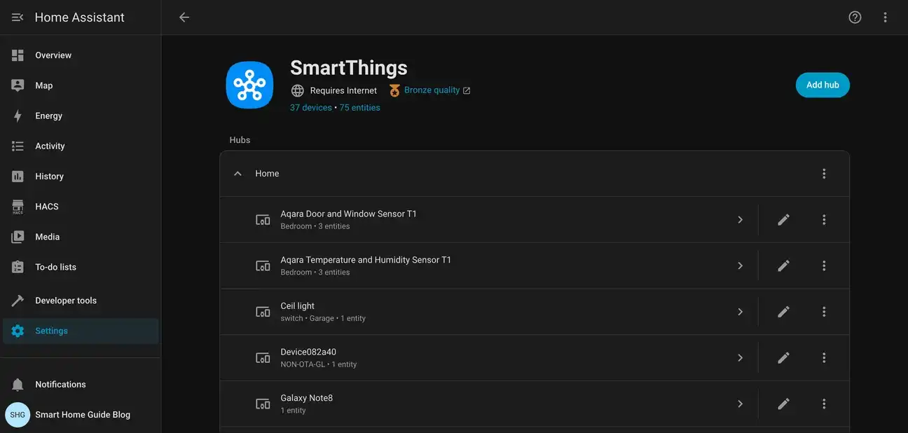 SmartThings integration overview in Home Assistant showing 37 devices and 75 entities