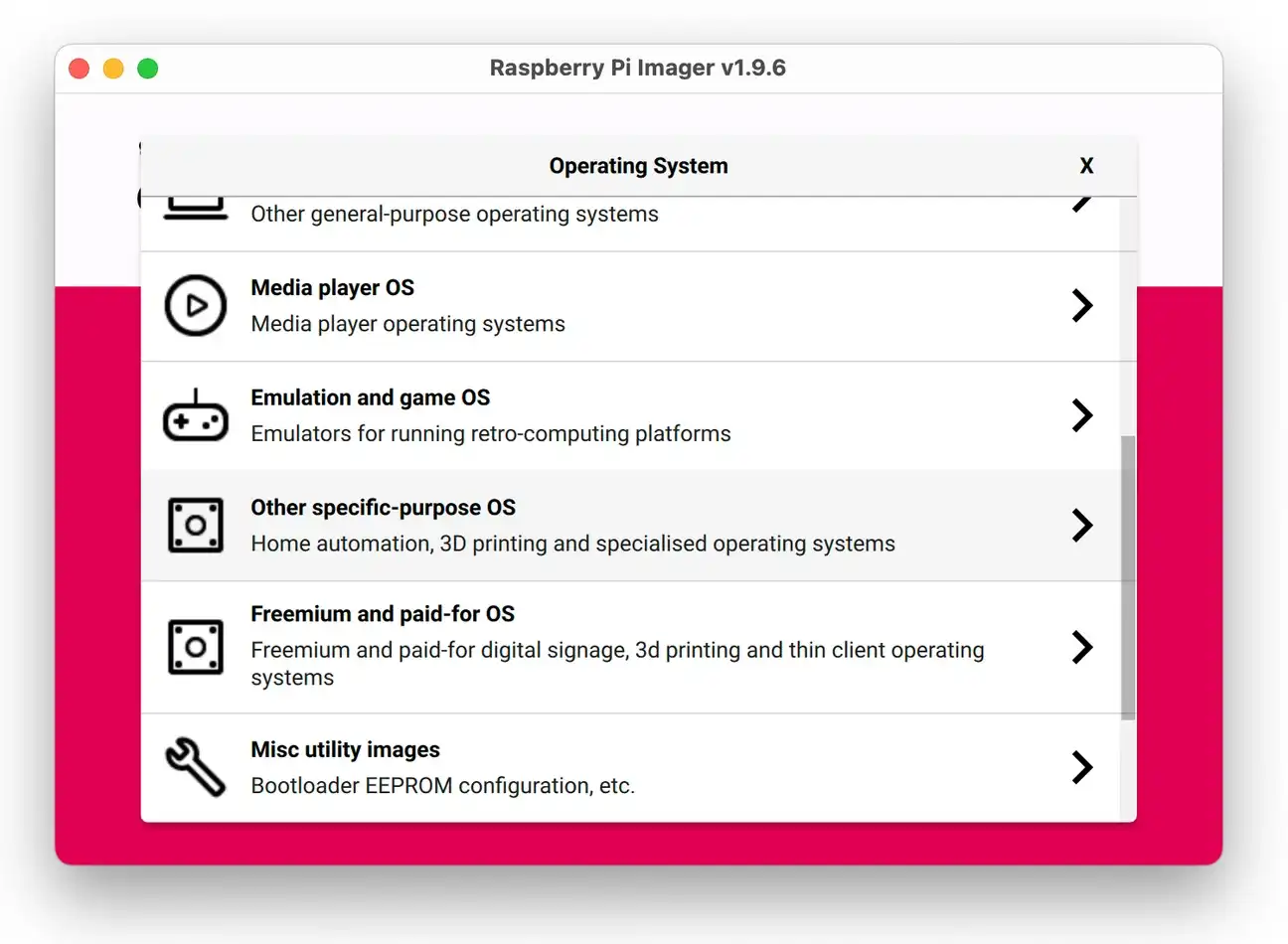 Raspberry Pi Imager menu - choose OS options