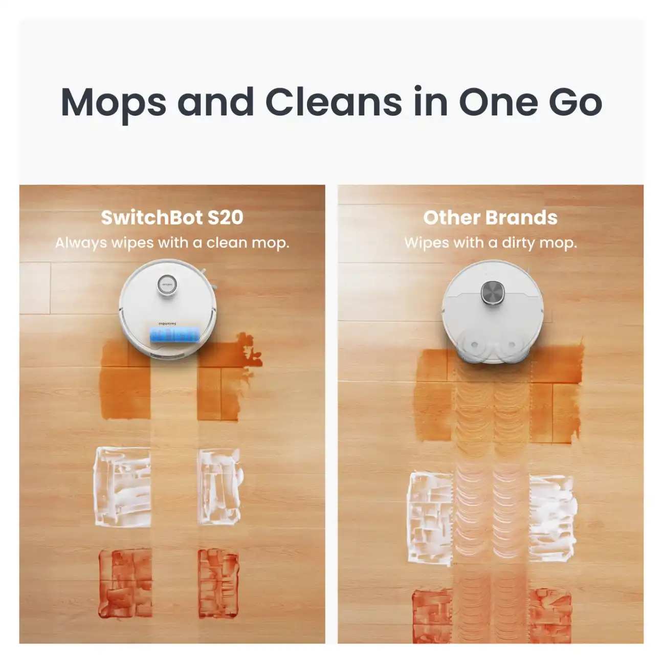 SwitchBot S20 Pro showing comprehensive vacuum and mopping design SwitchBot S20 Pro front view display