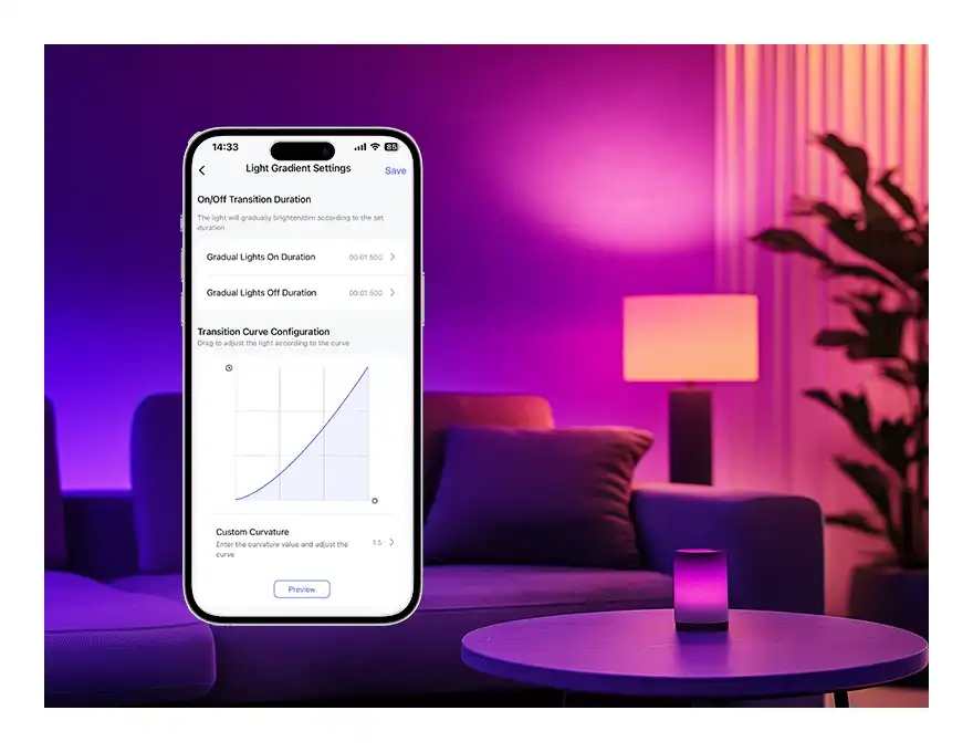 Aqara LED Bulb T2 illuminating modern living room with color changing capabilities