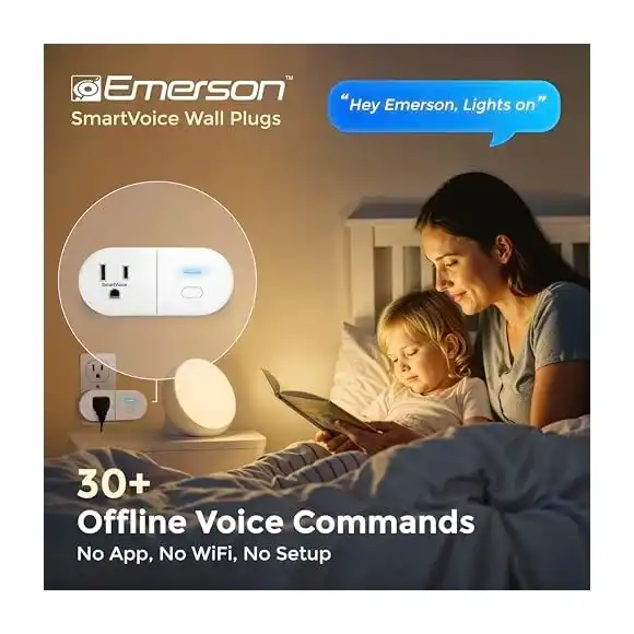 Emerson SmartVoice Plug ES513 front view displaying main outlet and pass-through socket
