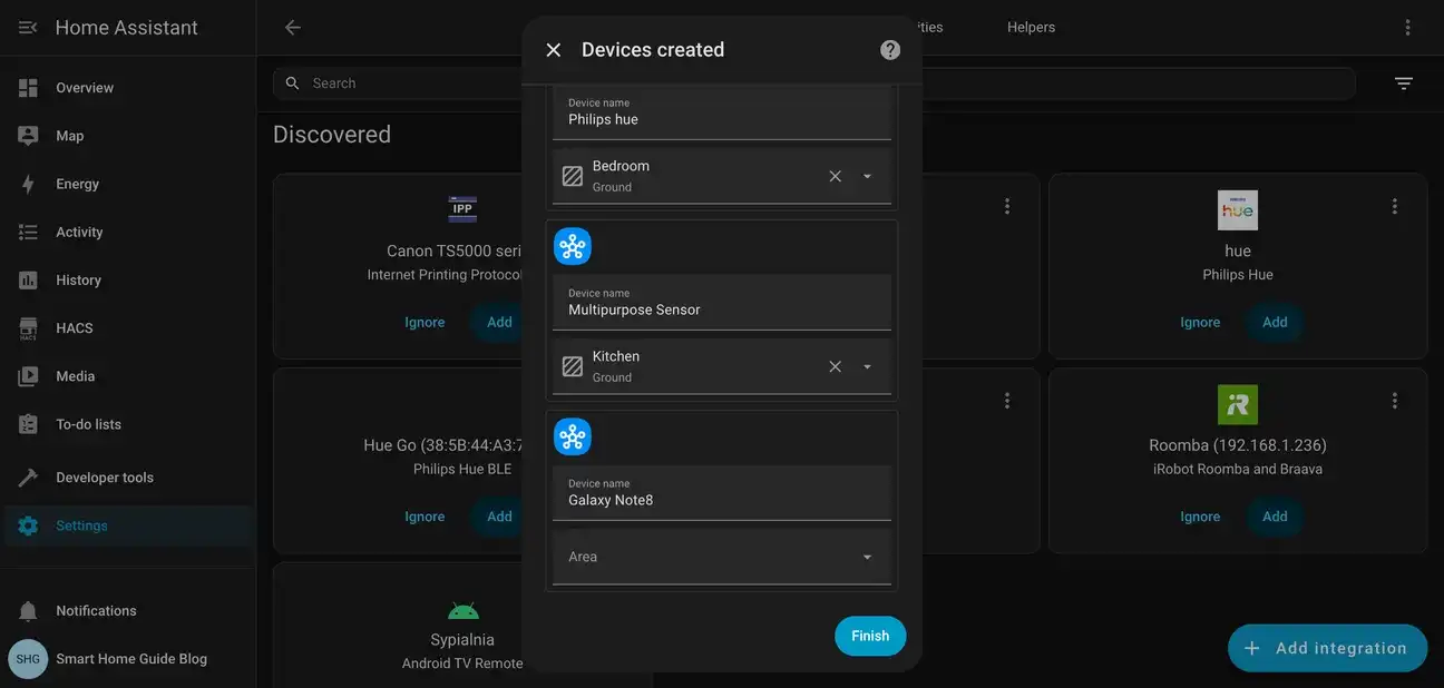 Home Assistant showing additional SmartThings devices including Philips Hue, sensors, and mobile devices