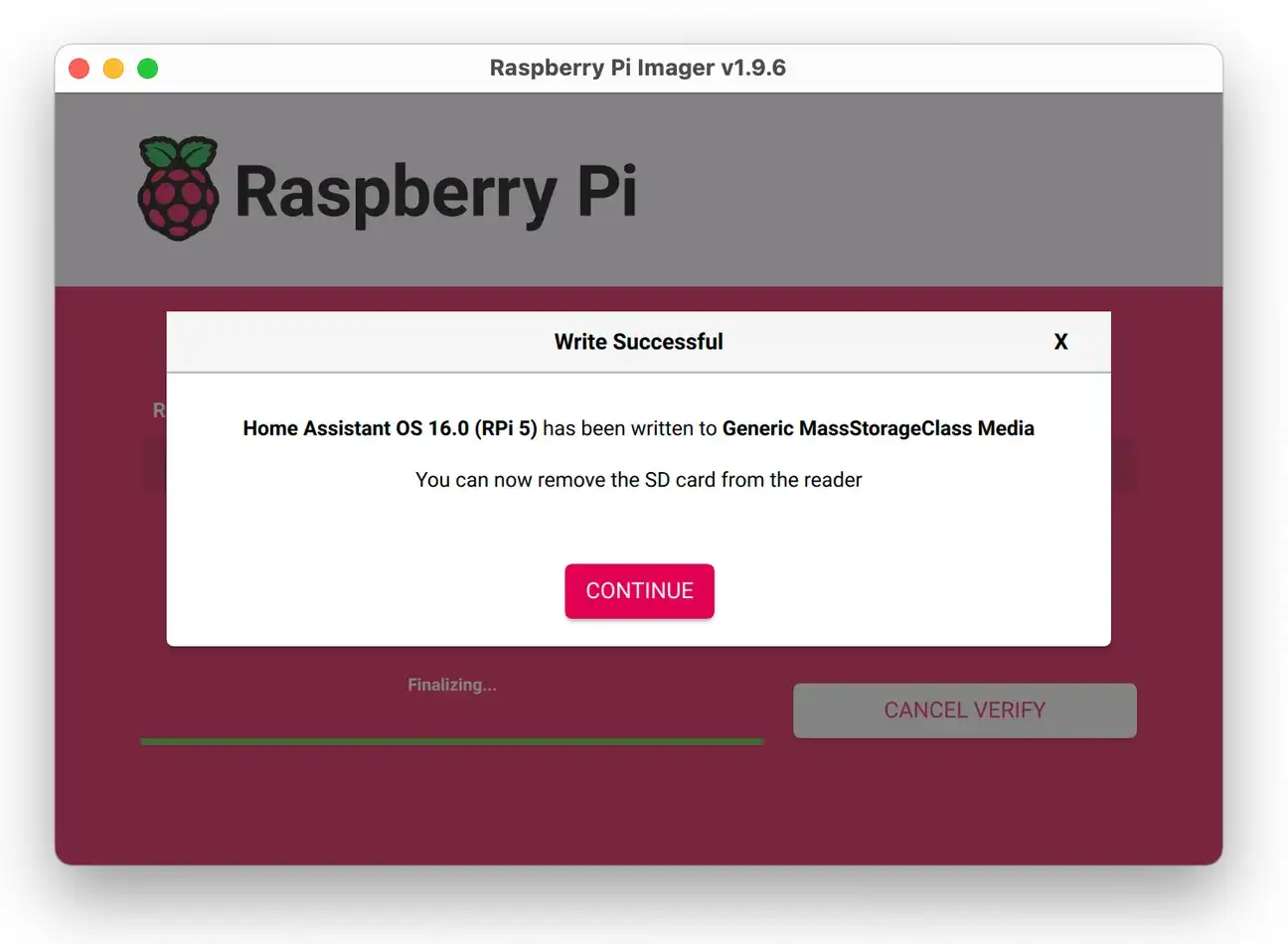 Eject SD card prompt in Raspberry Pi Imager