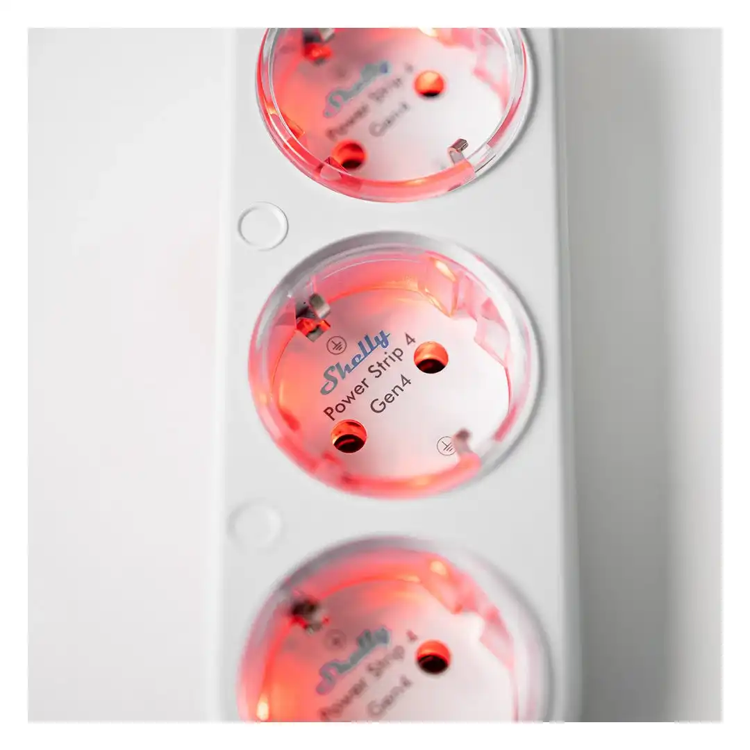 Shelly Power Strip 4 Gen4 detail view showing LED indicators and button controls