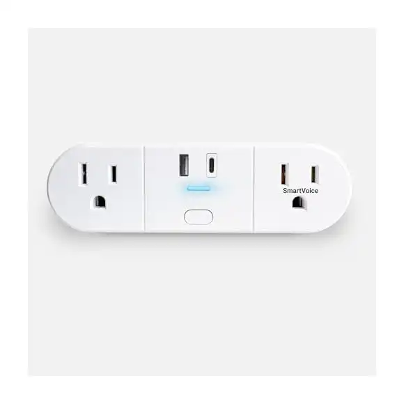 Emerson SmartVoice Plug ES523 front view showing dual AC outlets and USB ports arrangement