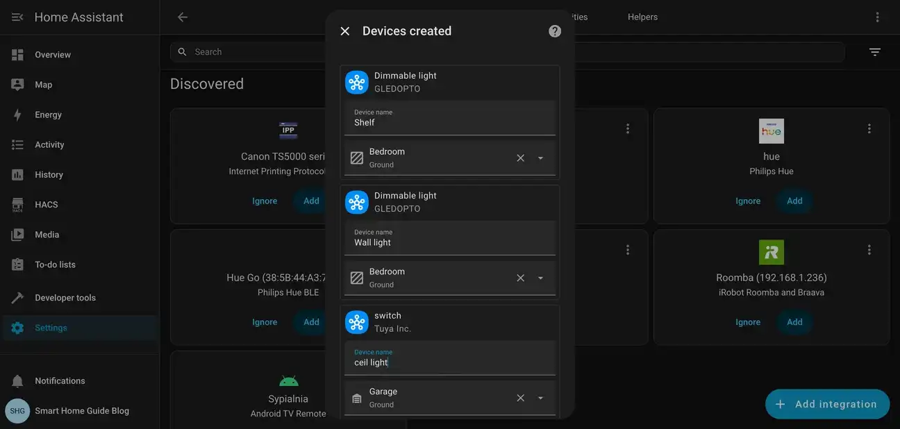 Home Assistant SmartThings device configuration dialog showing GLEDOPTO lights and Tuya switch setup